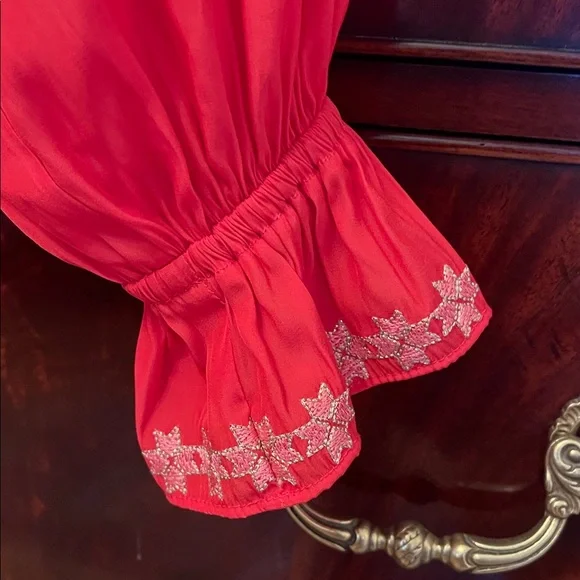 Ramy Brook Vibrant Red Blouse with Embroidered Sleeves, MEDIUM - Picture 6 of 8